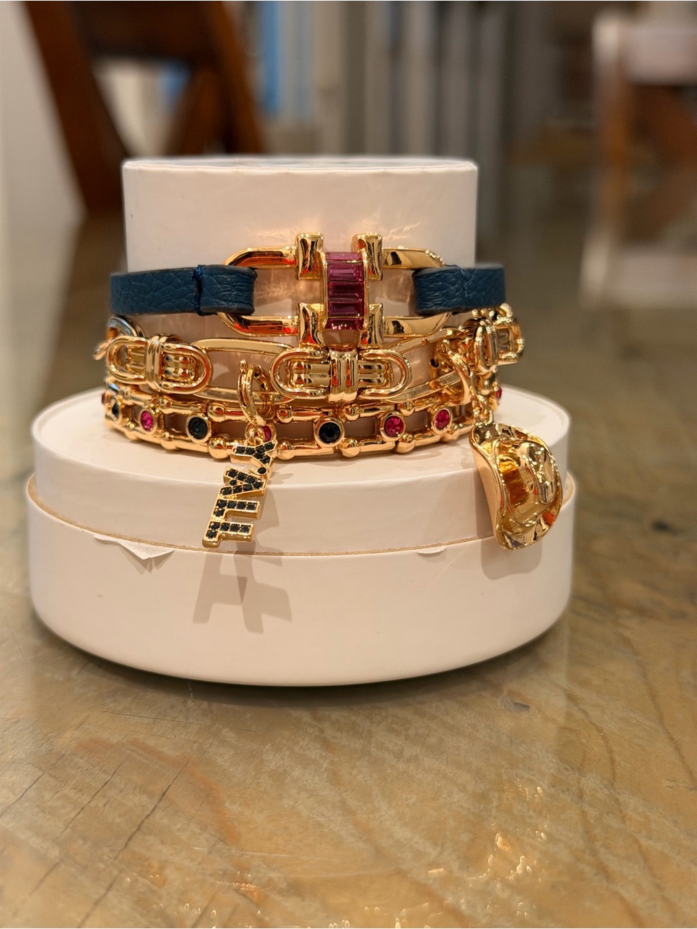 Bomb Party NWT “Southern Charm” Gold-Tone Bracelets Navy Leather Accent!